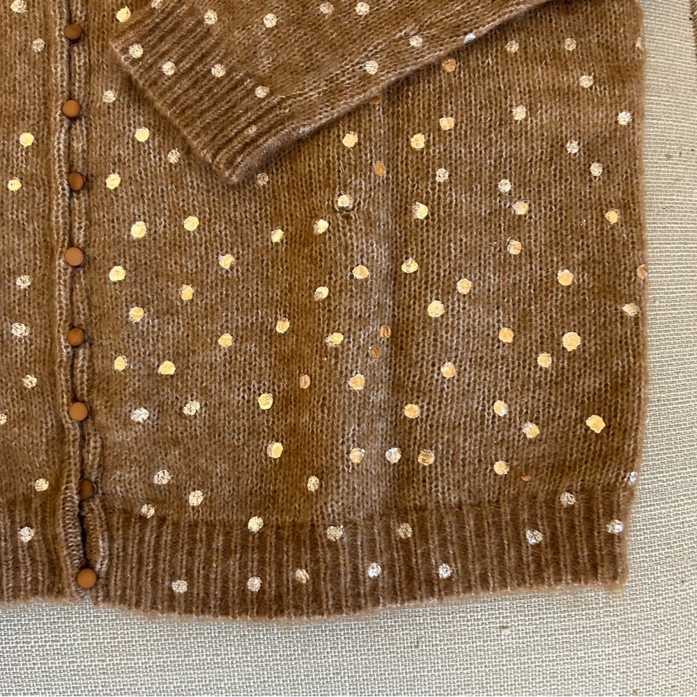 BEST Sezane Lizy Cardigan Camel Gold Polka Dot French Wool Causal - Picture 8 of 11